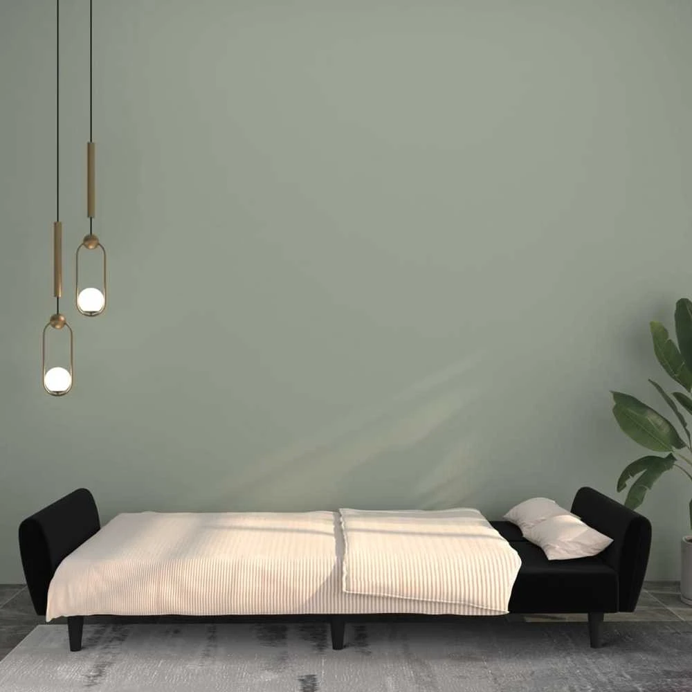 Dvivietė sofa-lova, juodos spalvos, aksomas