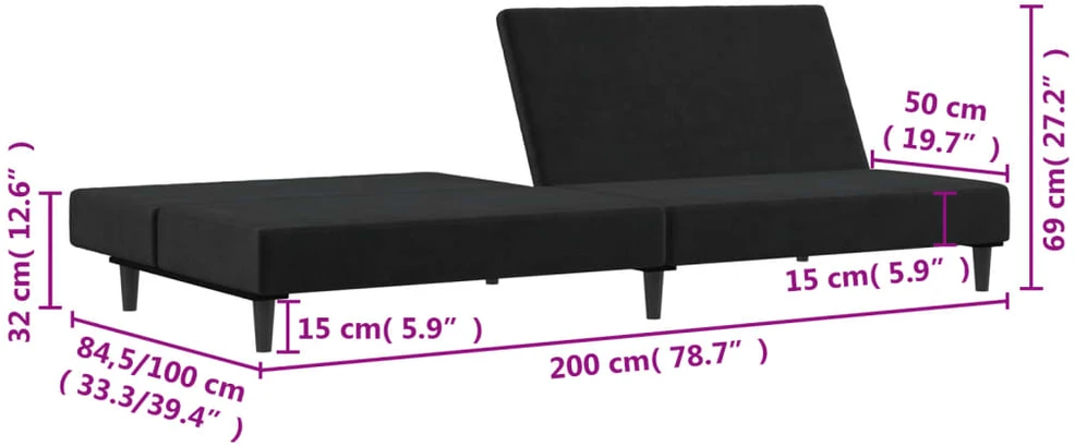 Dvivietė sofa-lova, juodos spalvos, aksomas