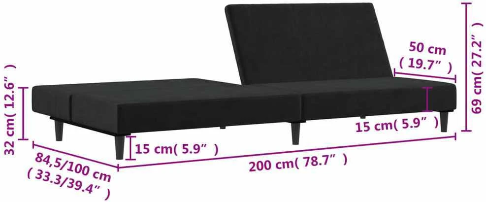 Dvivietė sofa-lova, juodos spalvos, aksomas
