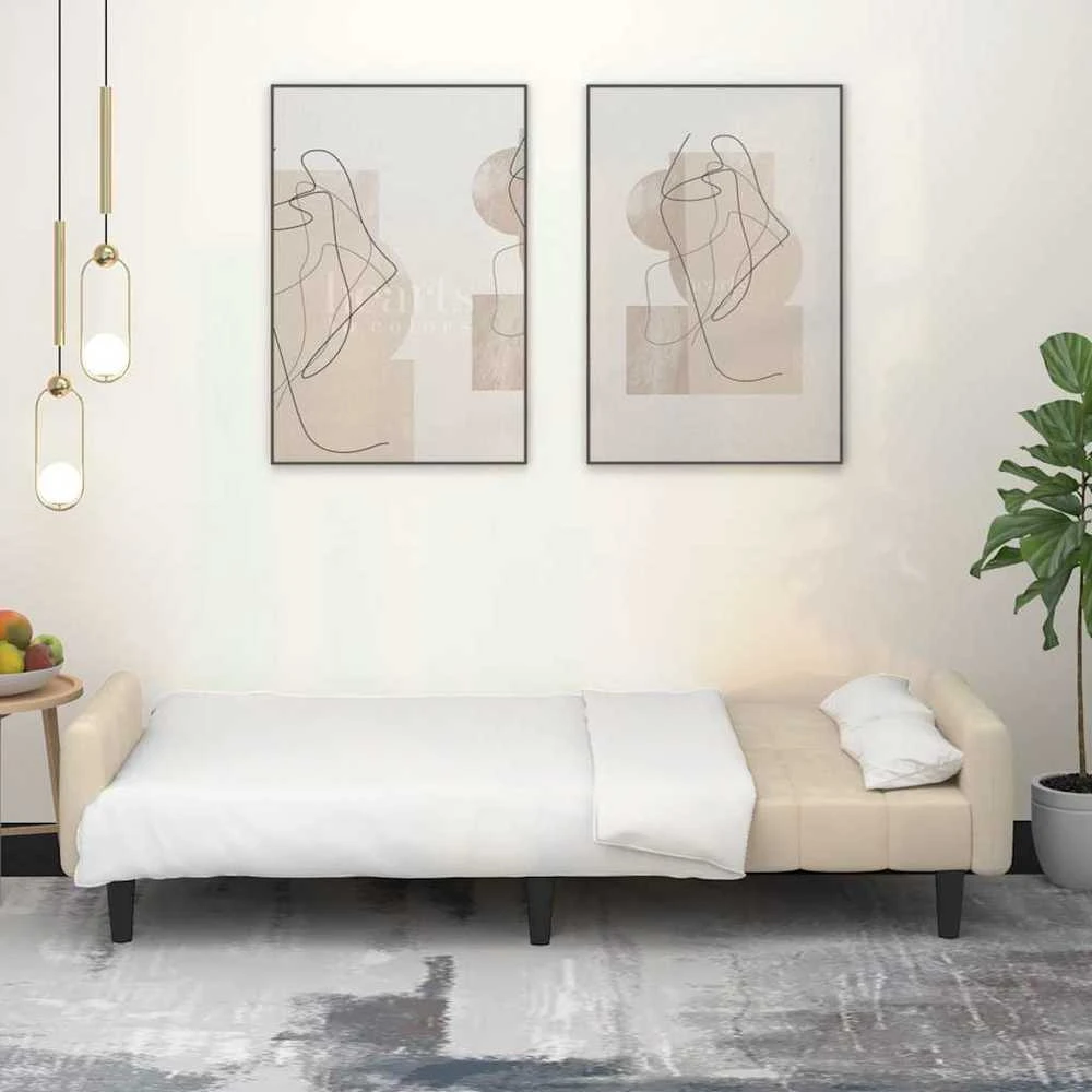 Dvivietė sofa-lova, kreminės spalvos, aksomas