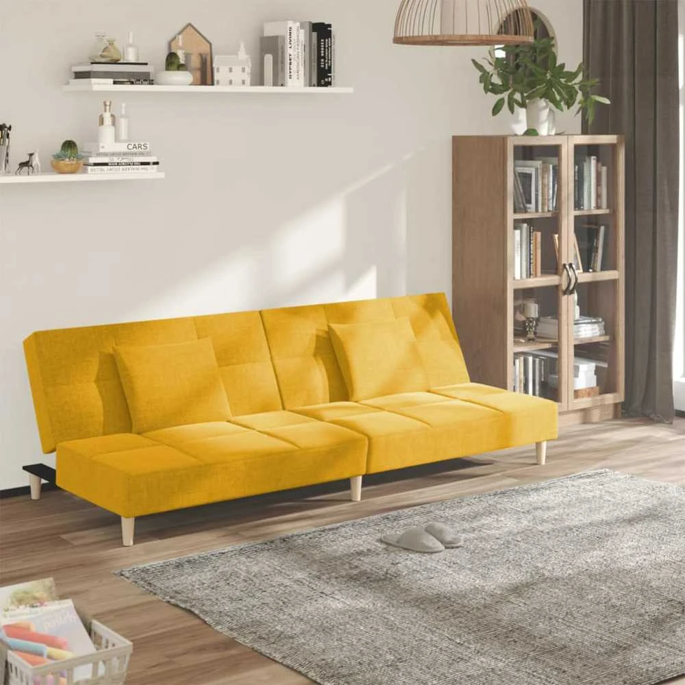 Dvivietė sofa-lova su dvejomis pagalvėmis, geltona, audinys