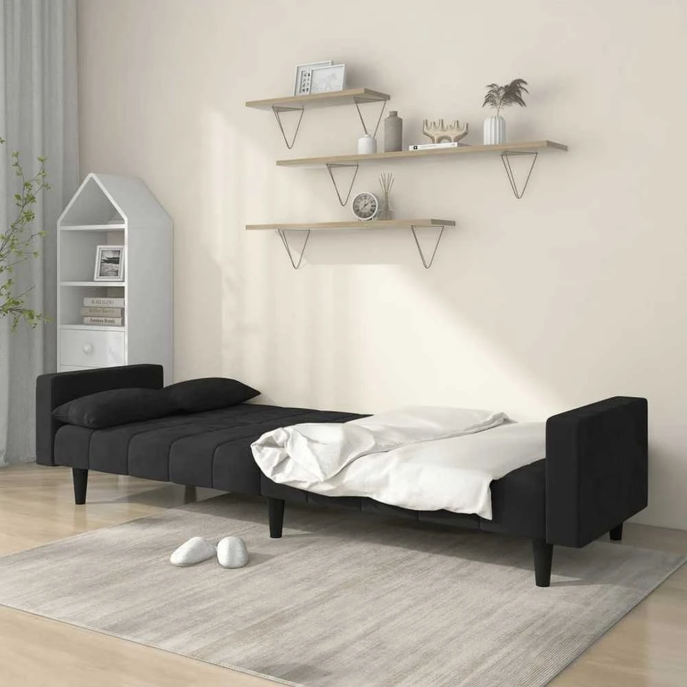 Dvivietė sofa-lova su dvejomis pagalvėmis, juoda, aksomas