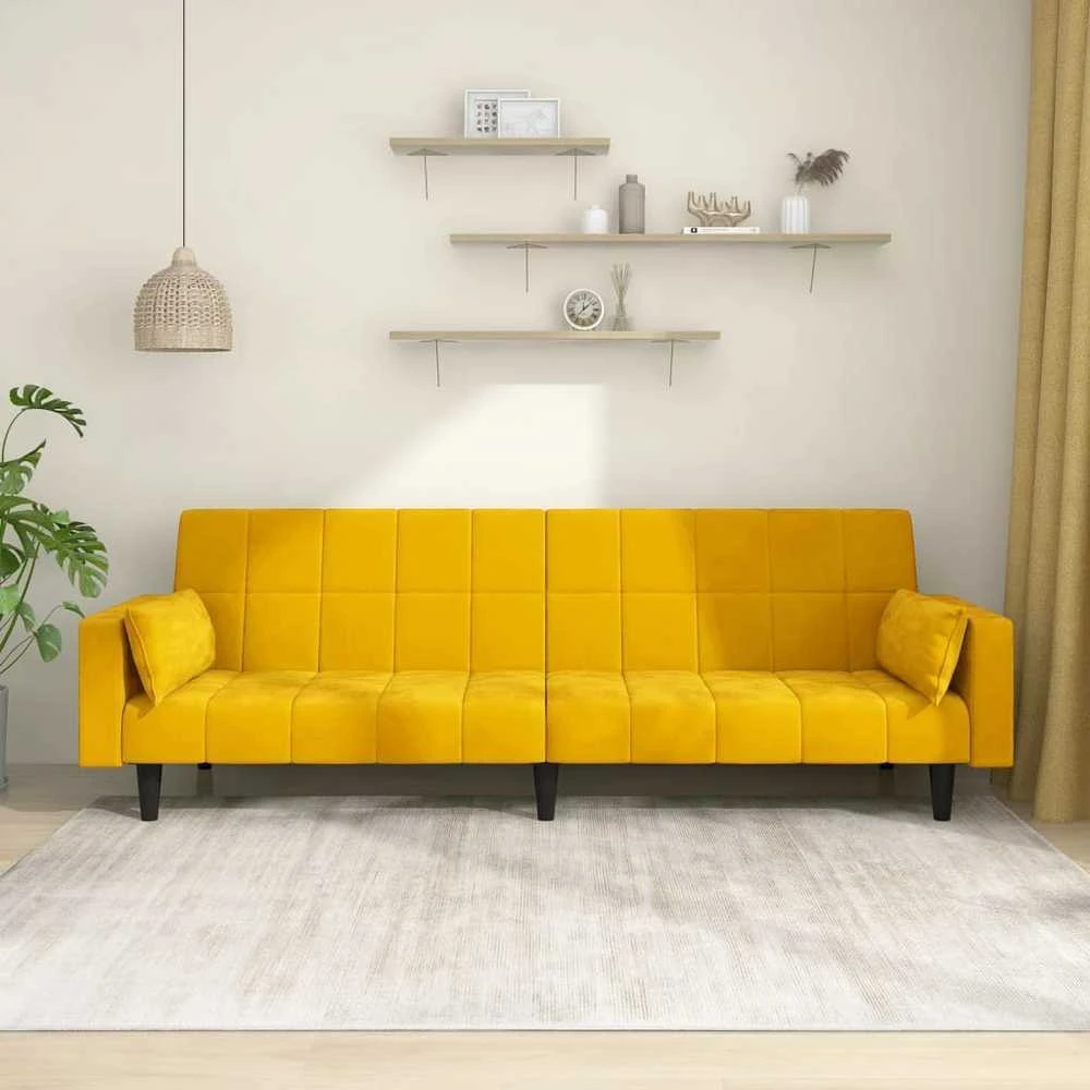 Dvivietė sofa-lova su dvejomis pagalvėmis, geltona, aksomas