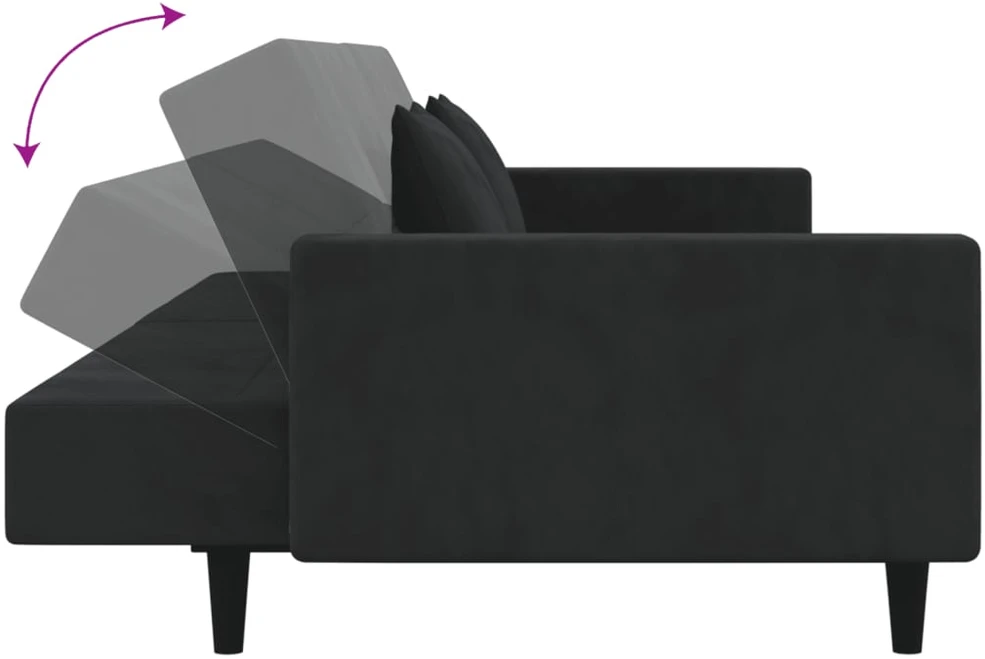 Dvivietė sofa-lova su dvejomis pagalvėmis, juoda, aksomas