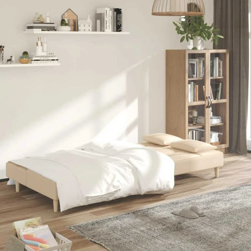 Dvivietė sofa-lova su dvejomis pagalvėmis, kreminė, audinys