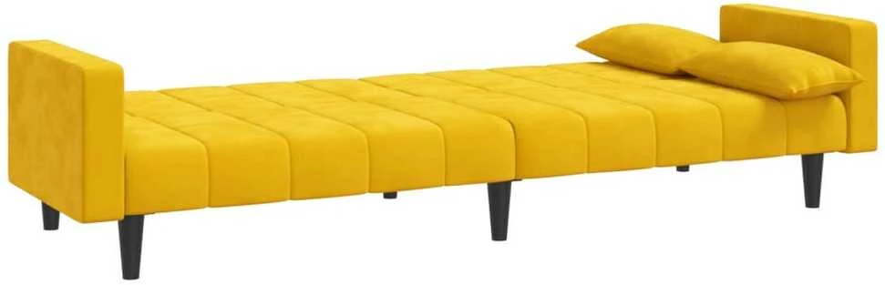 Dvivietė sofa-lova su dvejomis pagalvėmis, geltona, aksomas