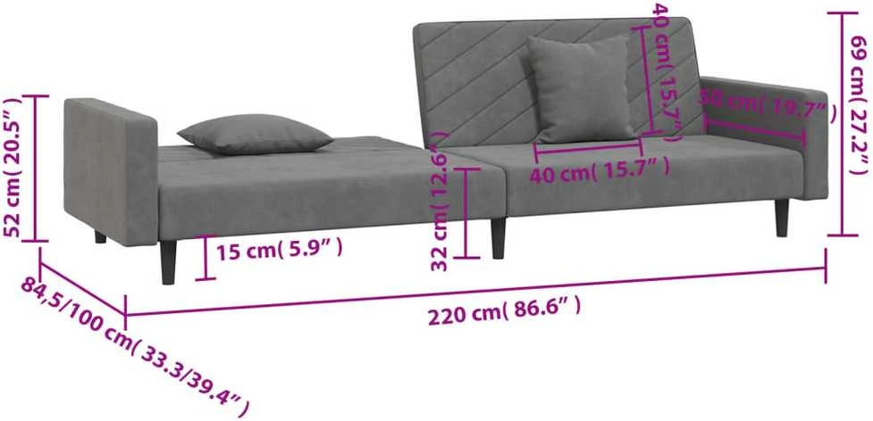 Dvivietė sofa-lova su dvejomis pagalvėmis, pilka, aksomas