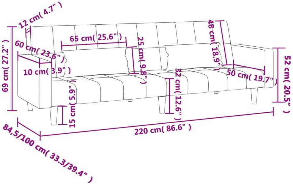 Dvivietė sofa-lova su dvejomis pagalvėmis, pilka, aksomas
