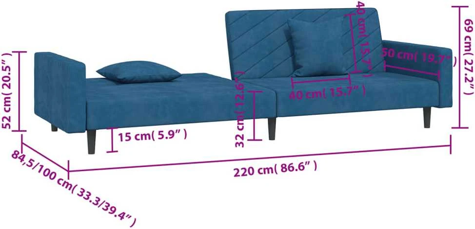 Dvivietė sofa-lova su dvejomis pagalvėmis, mėlyna, aksomas