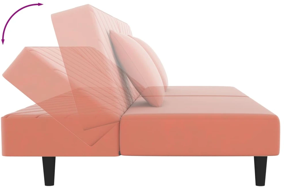 Dvivietė sofa-lova su dvejomis pagalvėmis, rožinė, aksomas