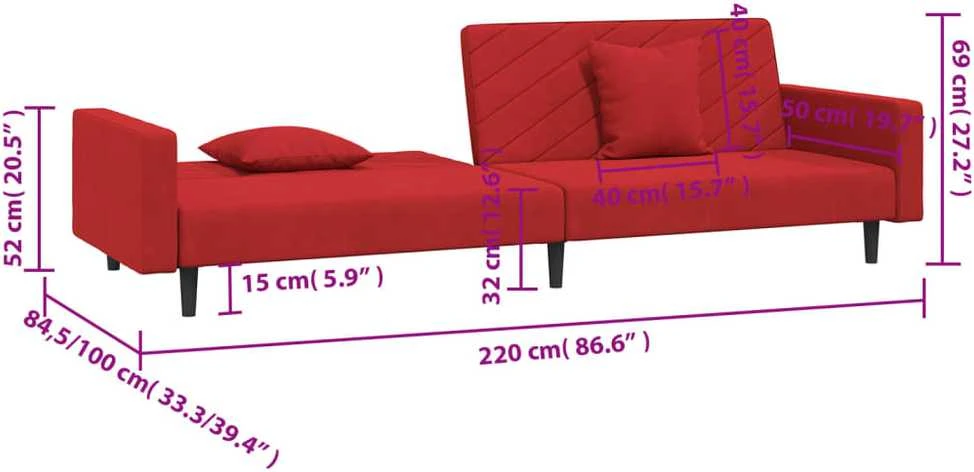 Dvivietė sofa-lova su dvejomis pagalvėmis, vyno, aksomas