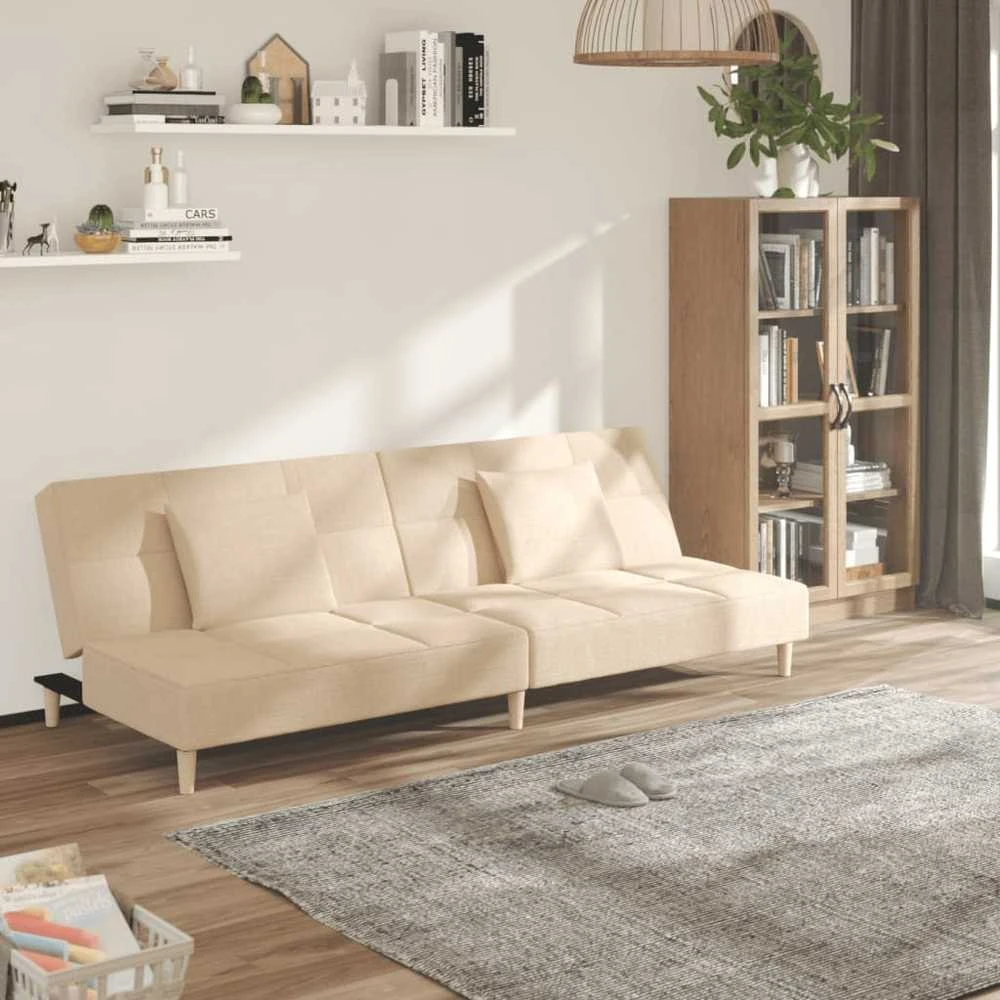 Dvivietė sofa-lova su dvejomis pagalvėmis, kreminė, audinys