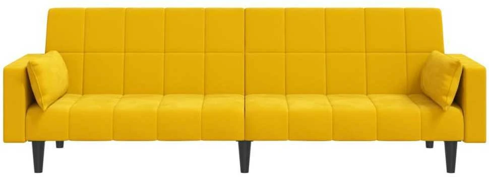 Dvivietė sofa-lova su dvejomis pagalvėmis, geltona, aksomas