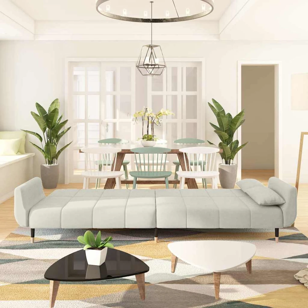 Dvivietė sofa-lova su dvejomis pagalvėmis, kreminė, aksomas