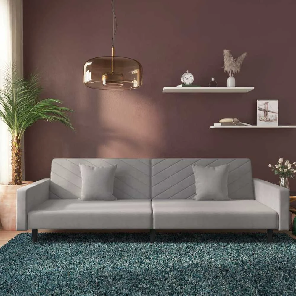 Dvivietė sofa-lova su dvejomis pagalvėmis, pilka, aksomas
