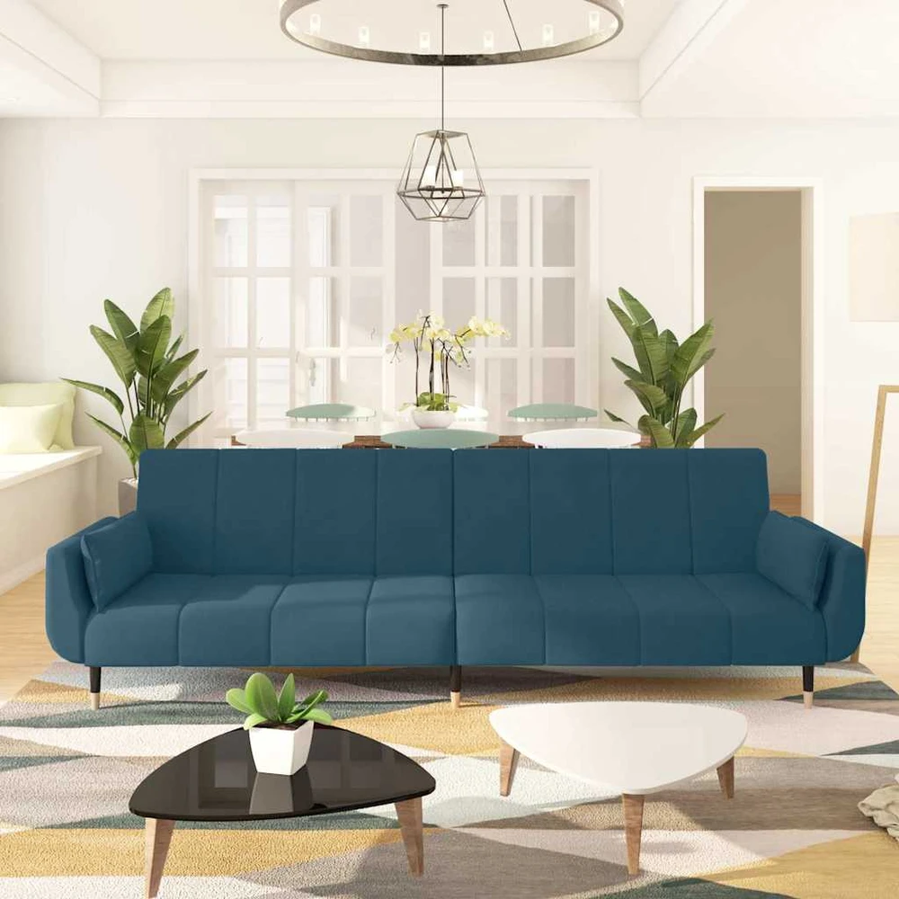 Dvivietė sofa-lova su dvejomis pagalvėmis, mėlyna, aksomas