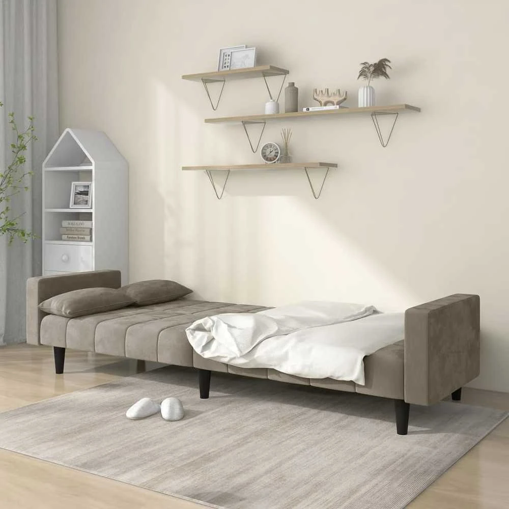 Dvivietė sofa-lova su dvejomis pagalvėmis, pilka, aksomas