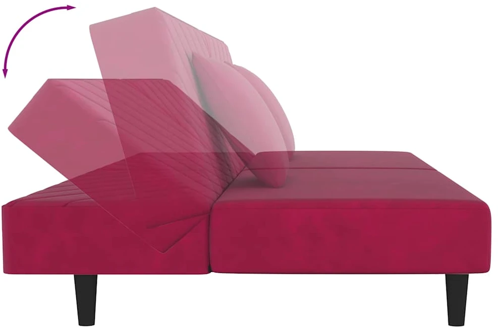 Dvivietė sofa-lova su dvejomis pagalvėmis, vyno, aksomas