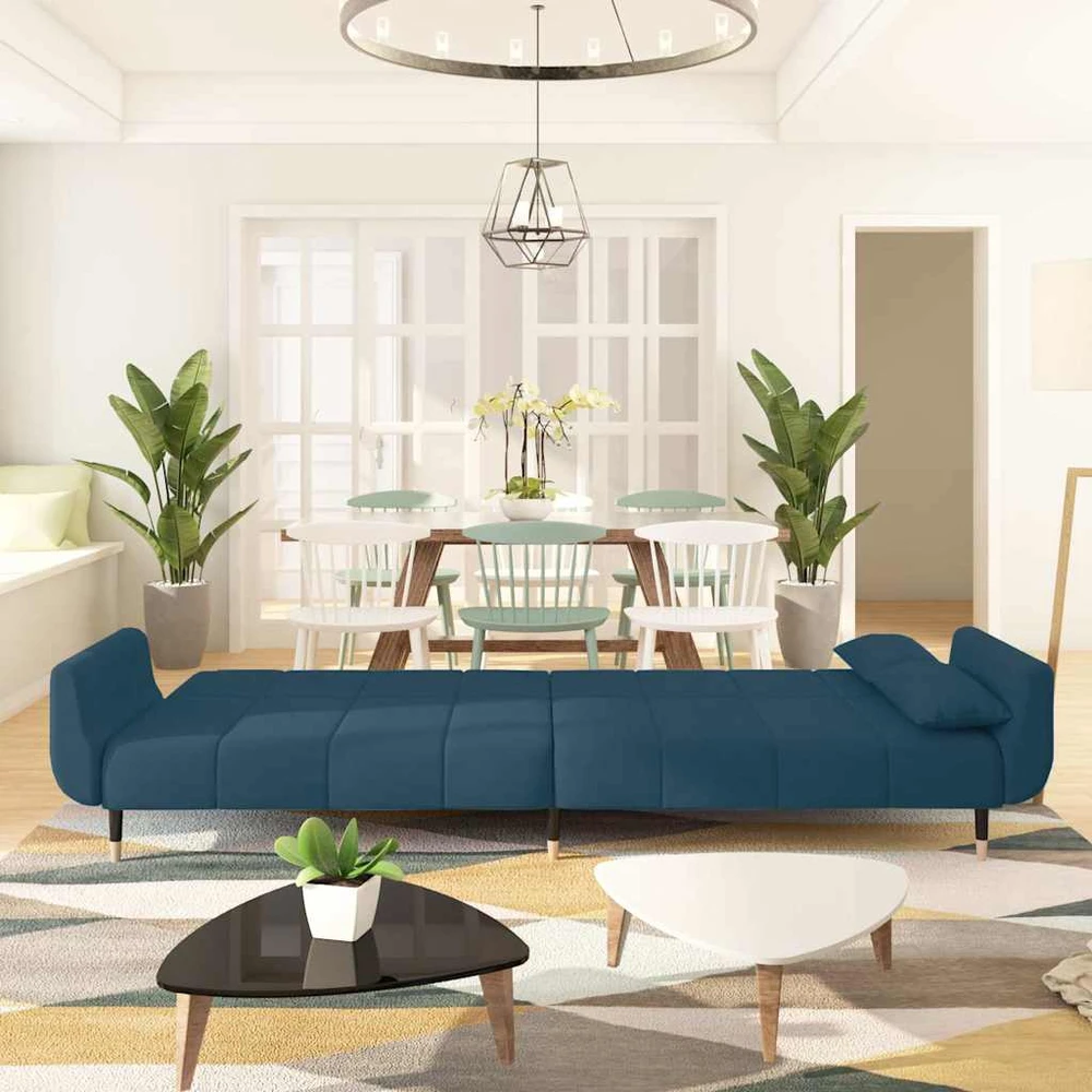 Dvivietė sofa-lova su dvejomis pagalvėmis, mėlyna, aksomas