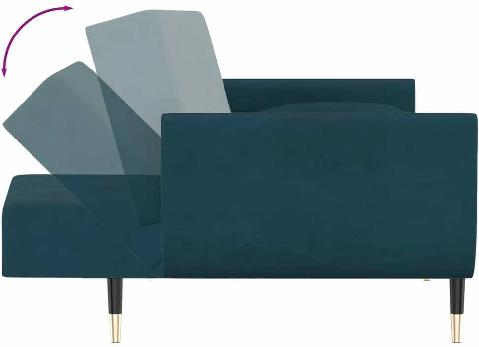 Dvivietė sofa-lova su dvejomis pagalvėmis, mėlyna, aksomas