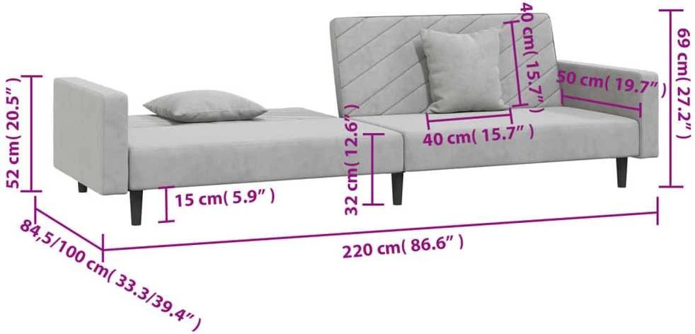 Dvivietė sofa-lova su dvejomis pagalvėmis, pilka, aksomas