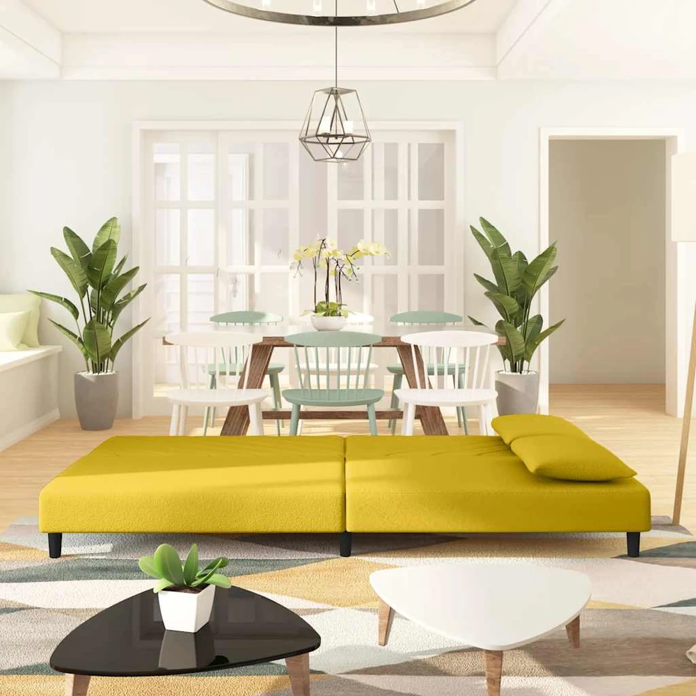Dvivietė sofa-lova su dvejomis pagalvėmis, geltona, aksomas