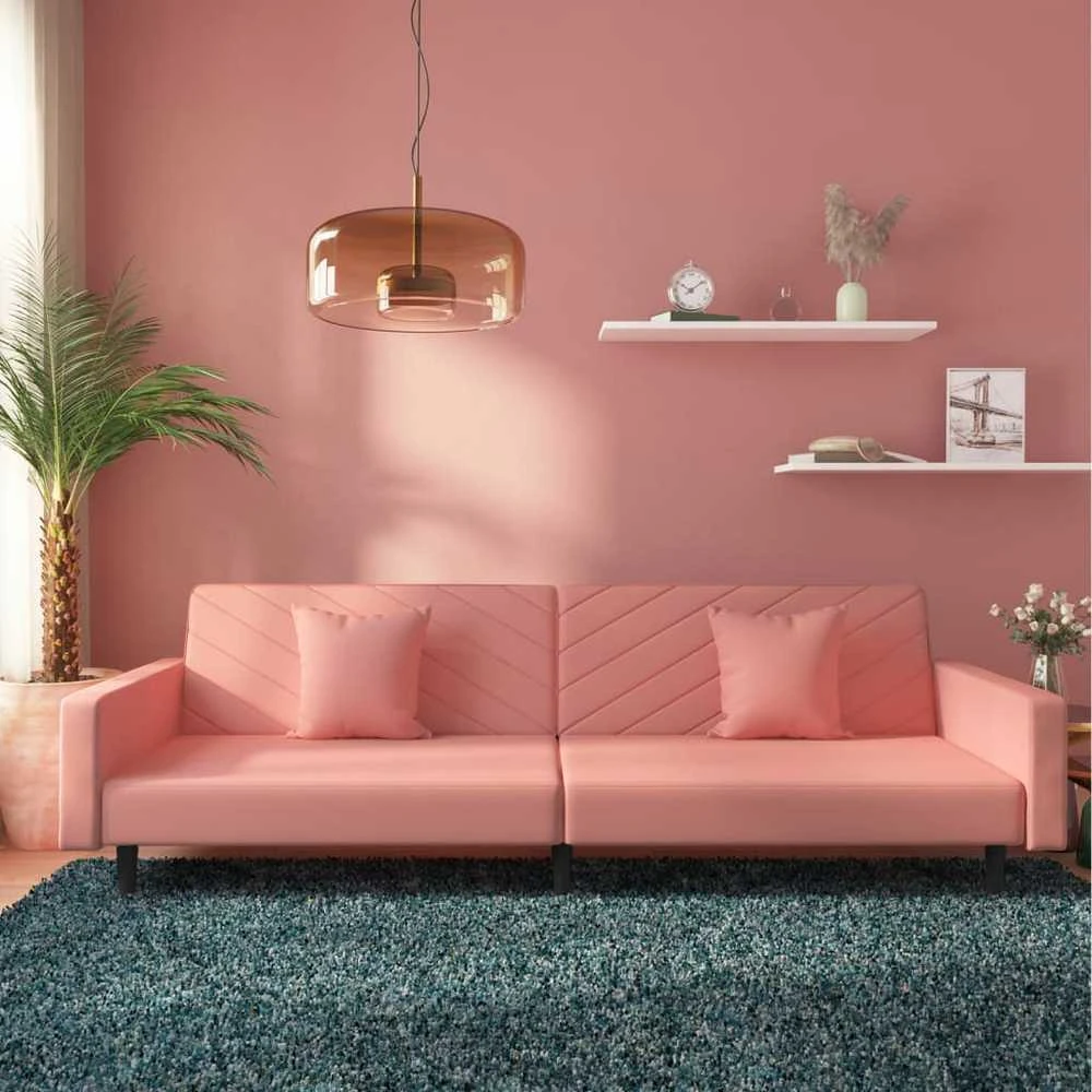 Dvivietė sofa-lova su dvejomis pagalvėmis, rožinė, aksomas