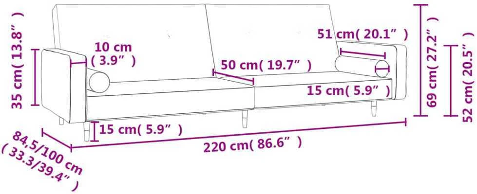 Dvivietė sofa-lova su dvejomis pagalvėmis, pilka, aksomas