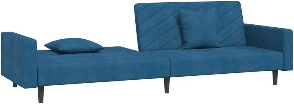 Dvivietė sofa-lova su dvejomis pagalvėmis, mėlyna, aksomas
