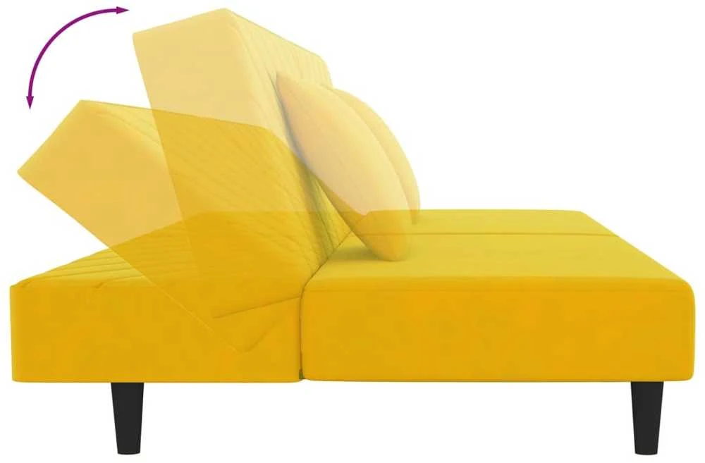 Dvivietė sofa-lova su dvejomis pagalvėmis, geltona, aksomas