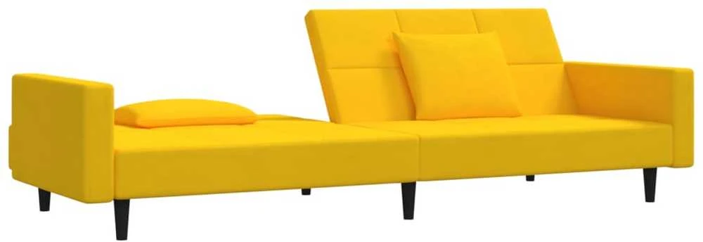 Dvivietė sofa-lova su dvejomis pagalvėmis, geltona, aksomas