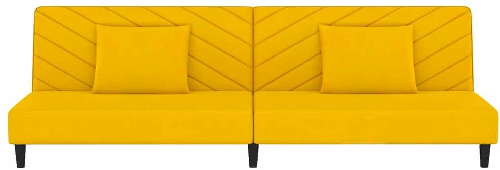Dvivietė sofa-lova su dvejomis pagalvėmis, geltona, aksomas