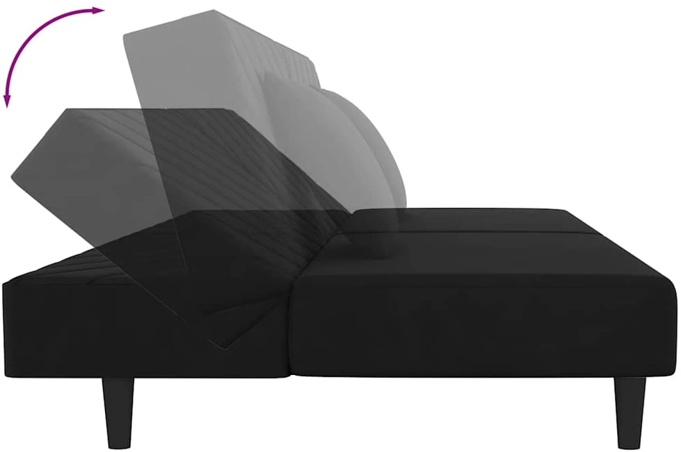 Dvivietė sofa-lova su dvejomis pagalvėmis, juoda, aksomas