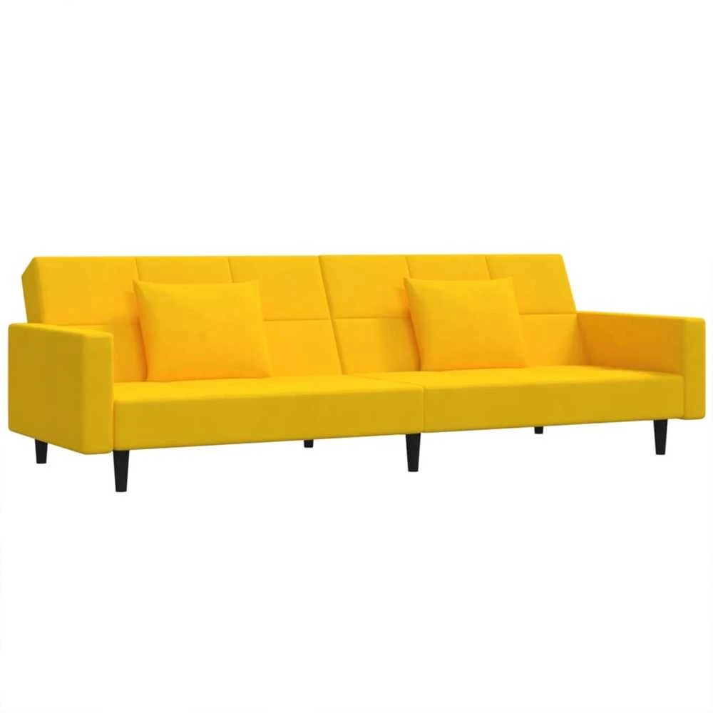 Dvivietė sofa-lova su dvejomis pagalvėmis, geltona, aksomas