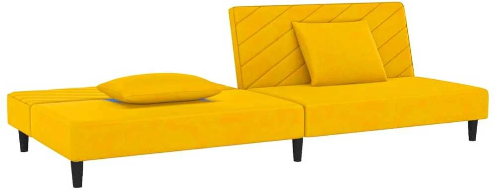 Dvivietė sofa-lova su dvejomis pagalvėmis, geltona, aksomas