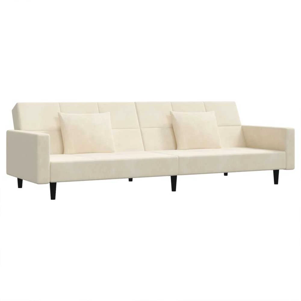 Dvivietė sofa-lova su dvejomis pagalvėmis, kreminė, aksomas