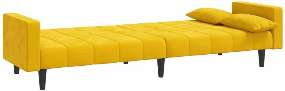Dvivietė sofa-lova su dvejomis pagalvėmis, geltona, aksomas