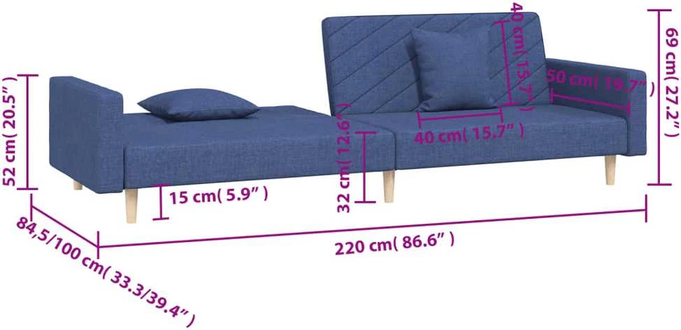 Dvivietė sofa-lova su dvejomis pagalvėmis, mėlyna, audinys