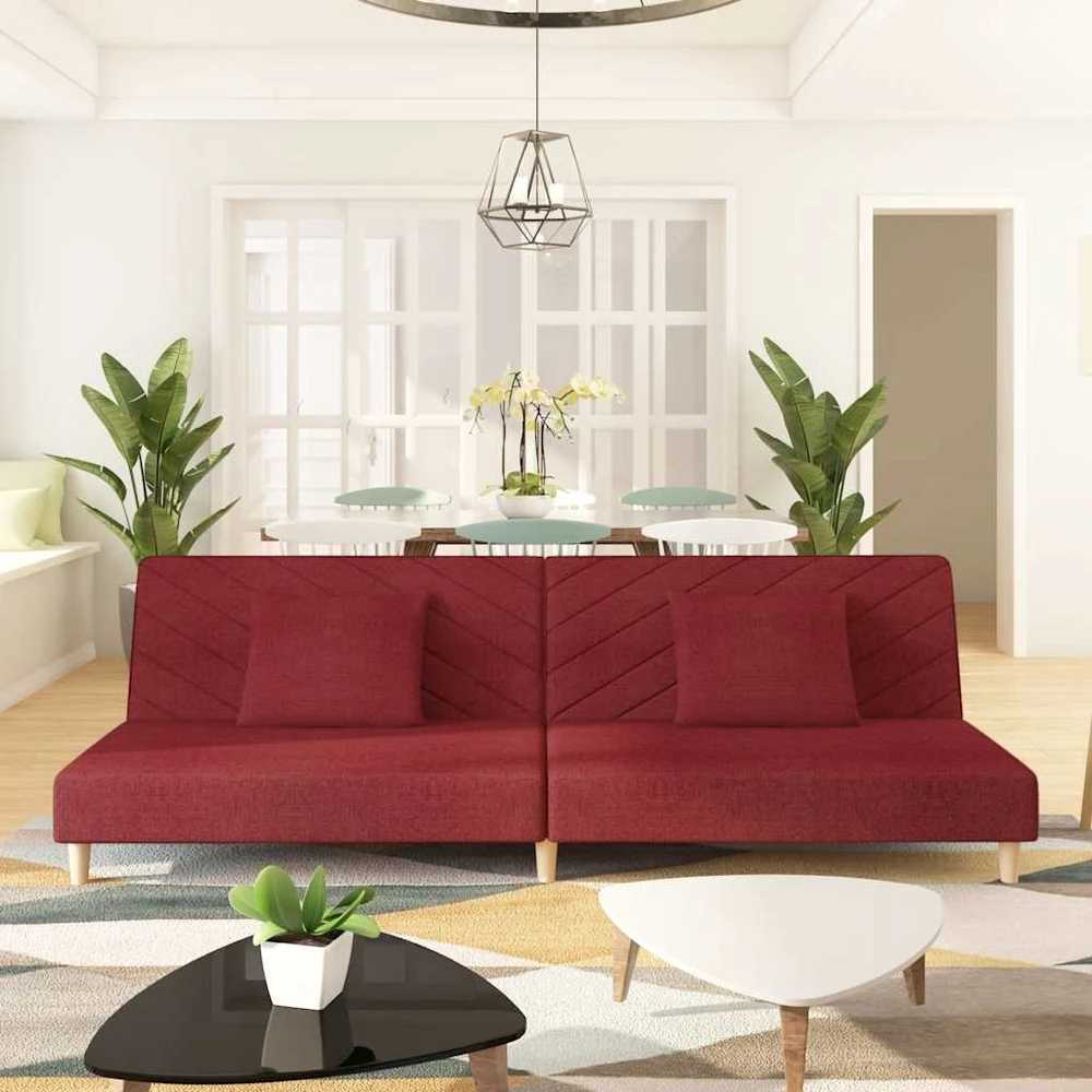 Dvivietė sofa-lova su dvejomis pagalvėmis, vyno, audinys
