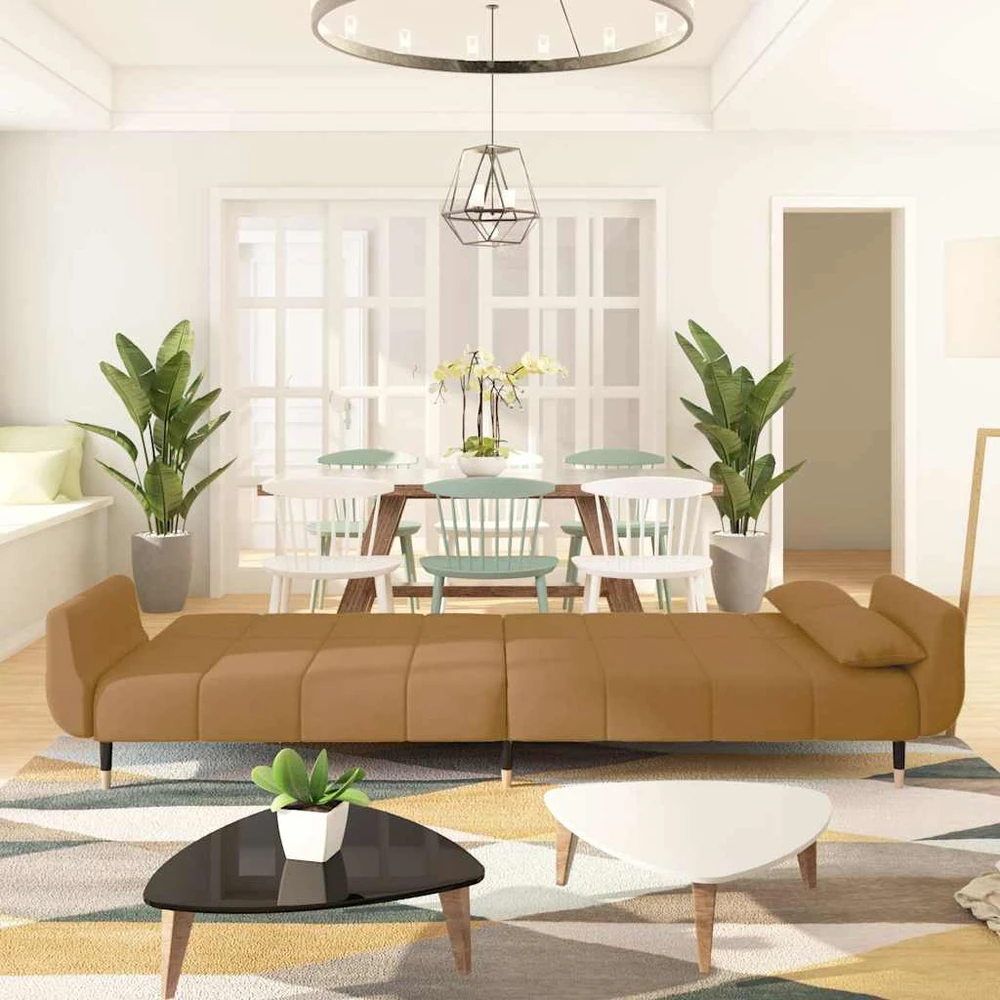 Dvivietė sofa-lova su dvejomis pagalvėmis, ruda, aksomas