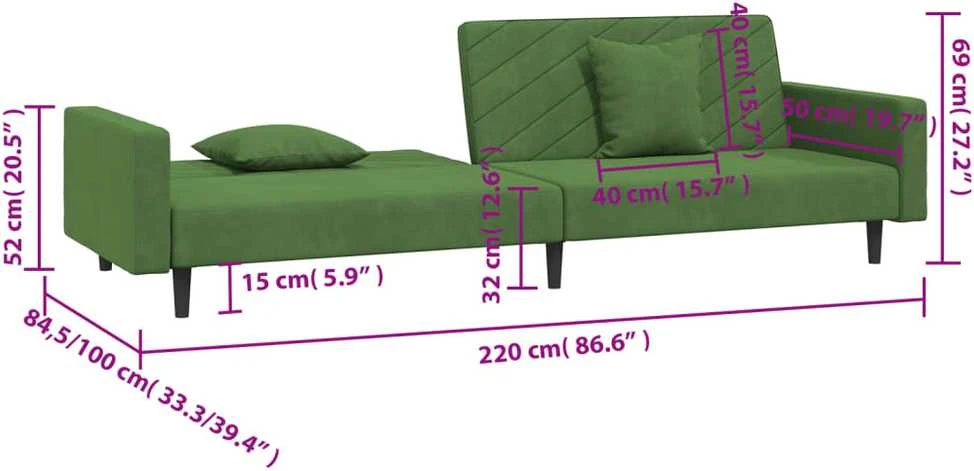 Dvivietė sofa-lova su dvejomis pagalvėmis, žalia, aksomas