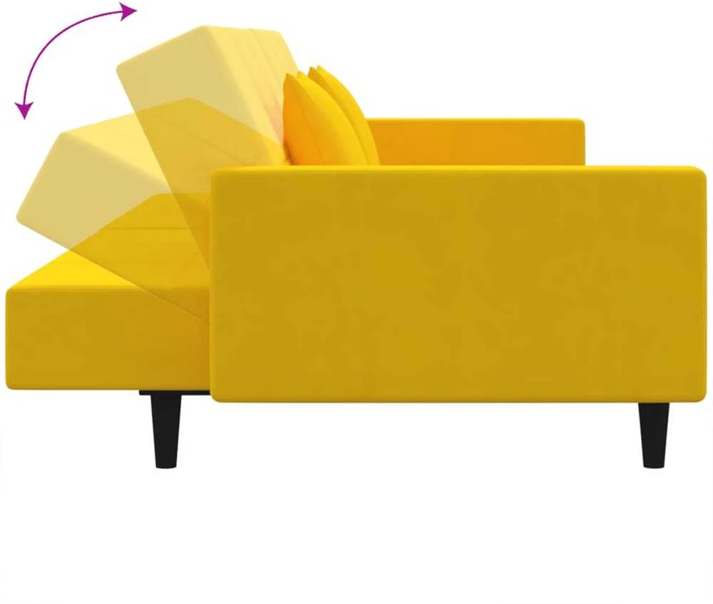 Dvivietė sofa-lova su dvejomis pagalvėmis, geltona, aksomas