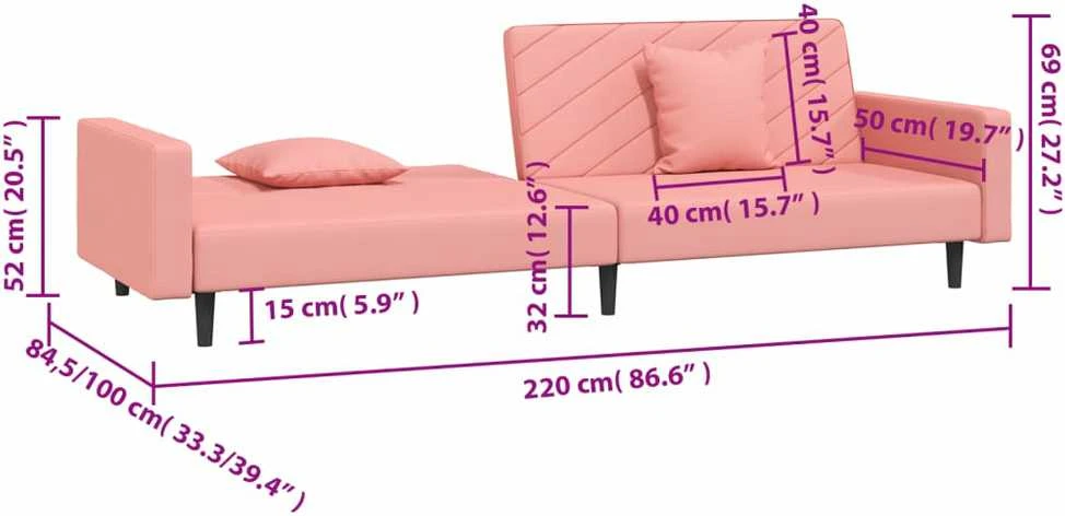 Dvivietė sofa-lova su dvejomis pagalvėmis, rožinė, aksomas