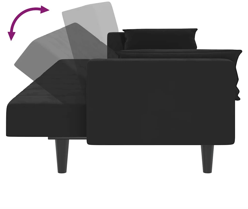 Dvivietė sofa-lova su dvejomis pagalvėmis, juoda, aksomas