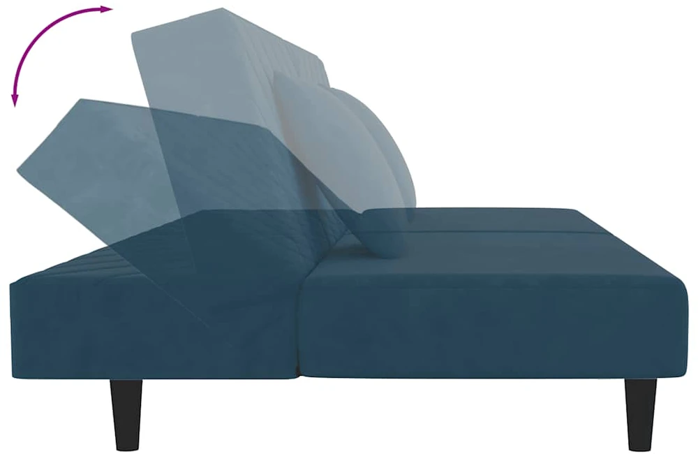 Dvivietė sofa-lova su dvejomis pagalvėmis, mėlyna, aksomas