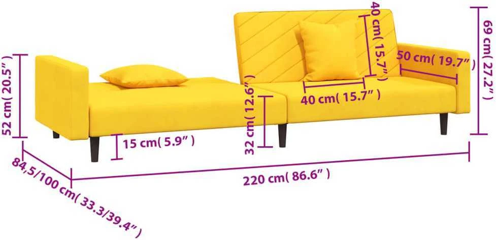 Dvivietė sofa-lova su dvejomis pagalvėmis, geltona, aksomas
