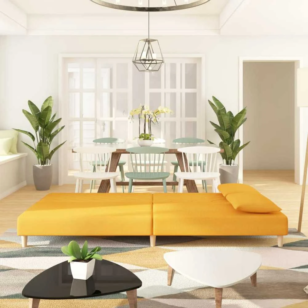 Dvivietė sofa-lova su dvejomis pagalvėmis, geltona, audinys