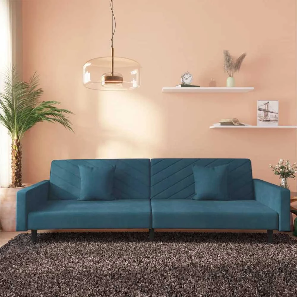 Dvivietė sofa-lova su dvejomis pagalvėmis, mėlyna, aksomas