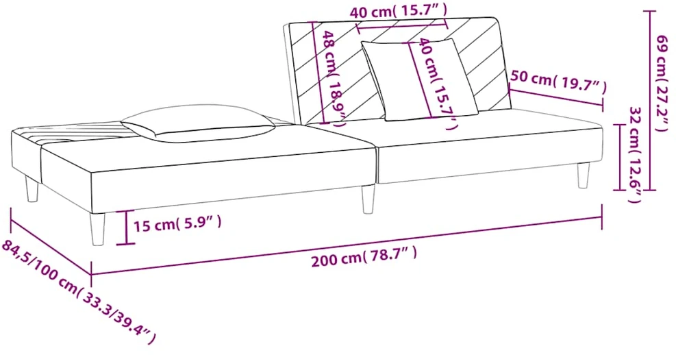 Dvivietė sofa-lova su dvejomis pagalvėmis, vyno, aksomas
