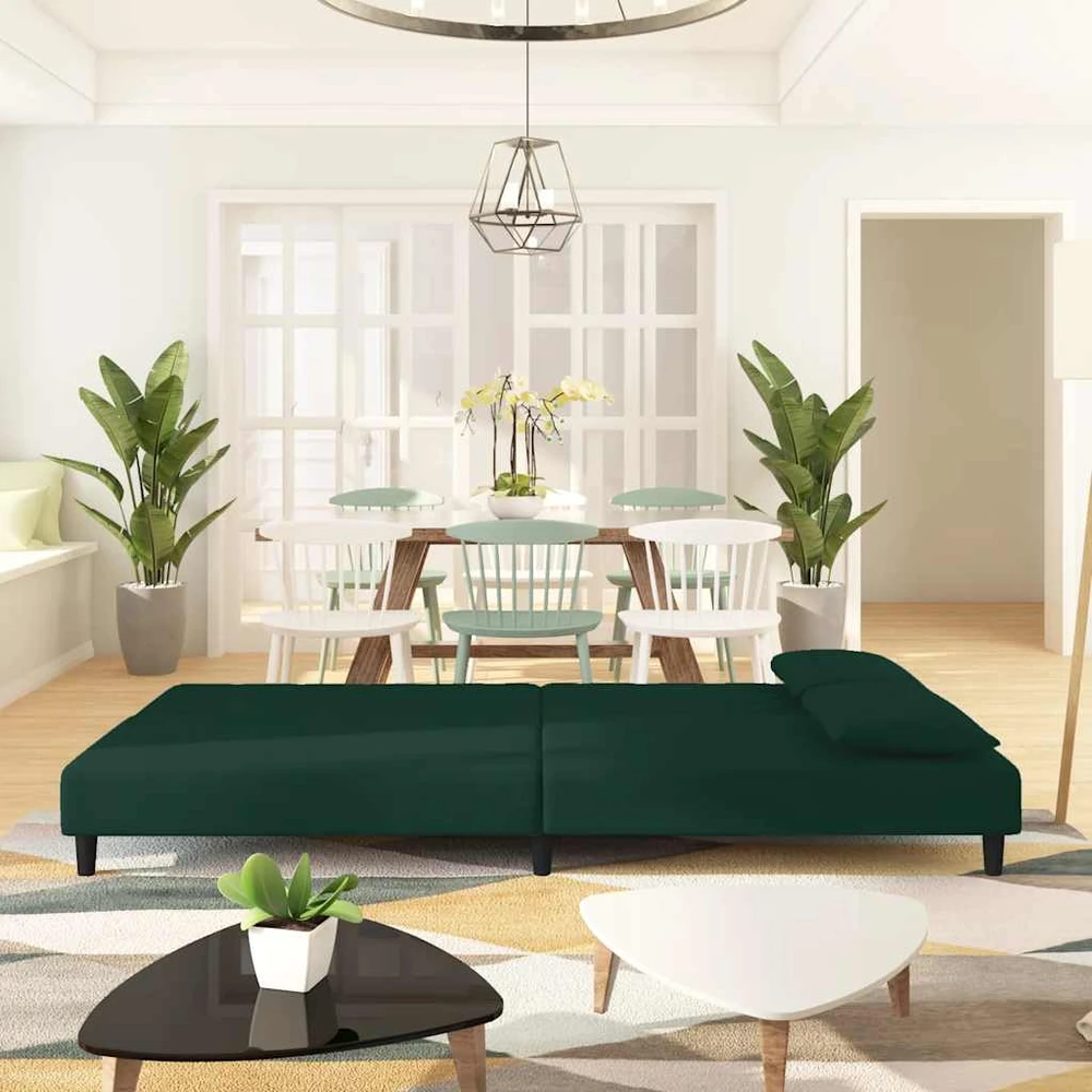 Dvivietė sofa-lova su dvejomis pagalvėmis, žalia, aksomas
